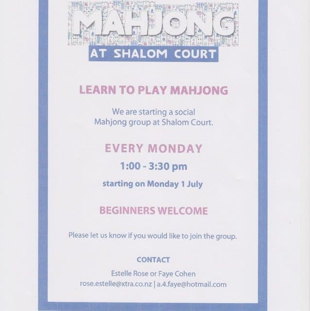 Invitation to join a Social Mahjong group at Shalom Court