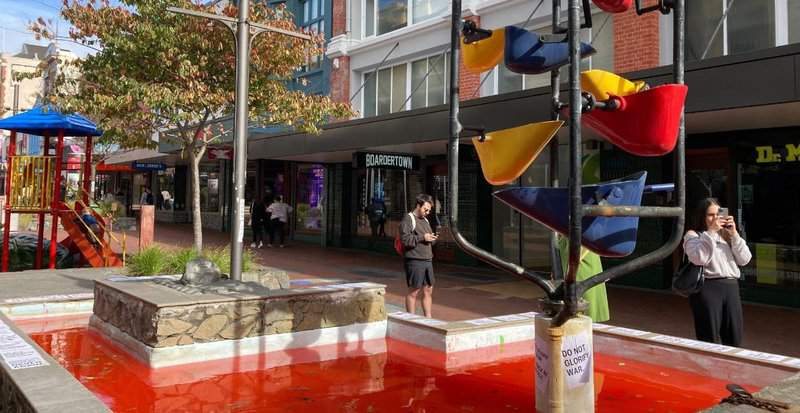 Fountains painted red in Anzac Day anti-war protest across Aotearoa