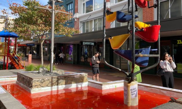 Fountains painted red in Anzac Day anti-war protest across Aotearoa